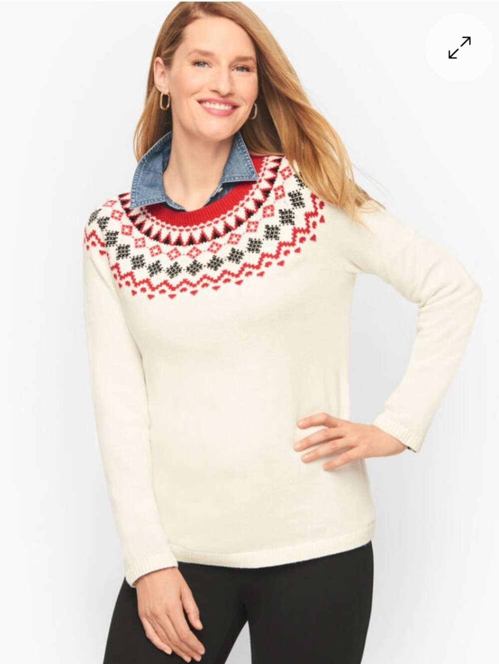 Talbots Fair Isle Sweater Size 1X Ivory Red Black Crew neck Pullover Knit NWT